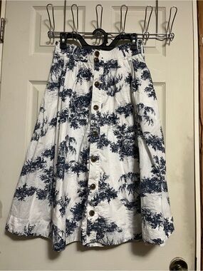 I.N.C. White and Navy Button-Front A-Line Skirt